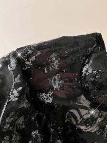 Lovelzi Elegant Luxurious Green Sequin Embroidered Patchwork Satin Bustier Waist See-Through Multi-Tiered Ruffle Hem Formal Gown