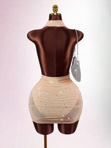 Amplova Rochie mini sexy de petrecere cu imprimeu floral din plasă cu strasuri, fără spate, cu halter - Caisă - Vizualizare 7