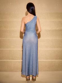 少女优雅奢华雾蓝色金属线单肩束腰蝴蝶结迷人高开衩连衣裙，适合少女 - 藍色 - 查看 2