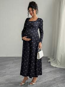 Momance Maternity A-Line Dress With Butterfly Print Patchwork Waist - Black - View 1