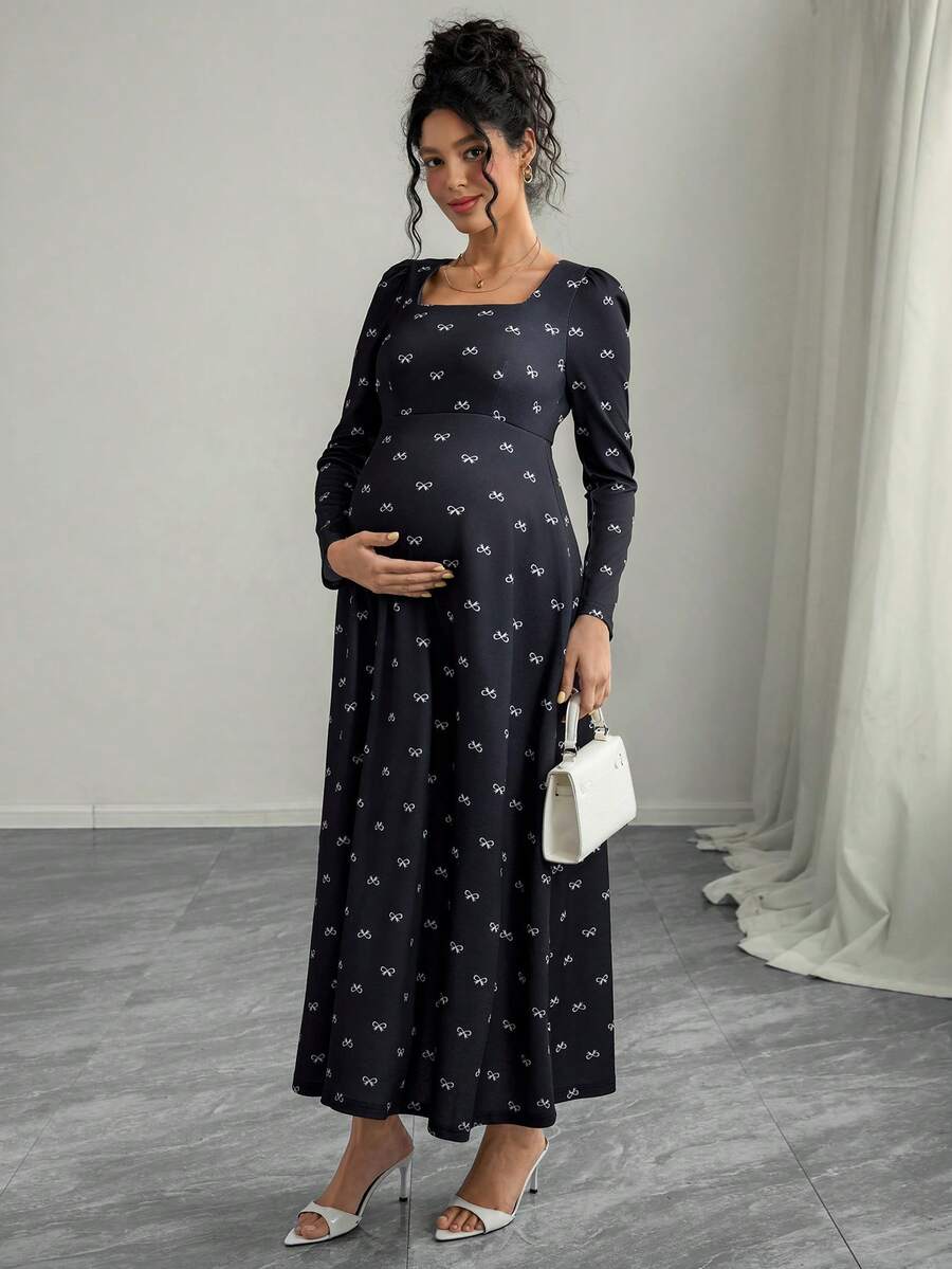 Momance Maternity A-Line Dress With Butterfly Print Patchwork Waist - Black - View 1