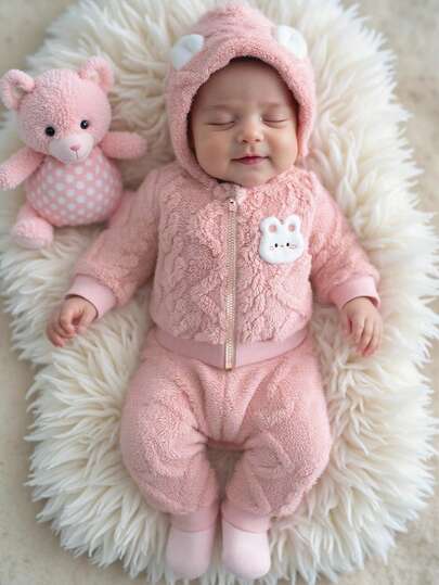 SHEIN Noworodek, dziewczynka, uroczy, futrzany, z kapturem i nadrukiem w romby, zapinany na zamek, kurtka + spodnie, haftowana naszywka z pluszowym króliczkiem, jesienno-zimowy, różowy, jednokolorowy, puszysty ubiór z kapturem, niemowlęcy, swobodny, wygodny, modny, prosty, praktyczny, wielofunkcyjny, miękki i przytulny, świetny prezent, niezbędny dla każdego dziecka, odpowiedni na zewnątrz, jesień/zima