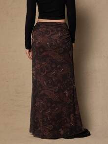 Freevana 大码休闲波西米亚风复古西部佩斯利和腰果花印花百搭棕色针织女裙，秋冬款 - 棕色 - 查看 2