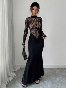 Allurite 优雅简约黑色针织毛衣上衣，蕾丝拼布修身牛奶丝连衣裙，适合单身派对、茶会、秋冬 - 黑色 - 查看 5