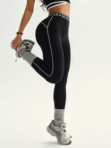 Dewbera Dewbera Leggings deportivos casuales de mujer con ribete de contraste, leggings de gimnasio, mallas de spandex para mujer - Negro - Ver 7