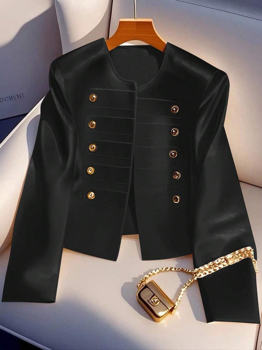 SHEIN Clasi Chaqueta para mujer talla grande, chaqueta negra elegante con decoración de botón de metal, chaqueta corta y versátil para otoño/invierno para mujeres - Negro - Ver 1