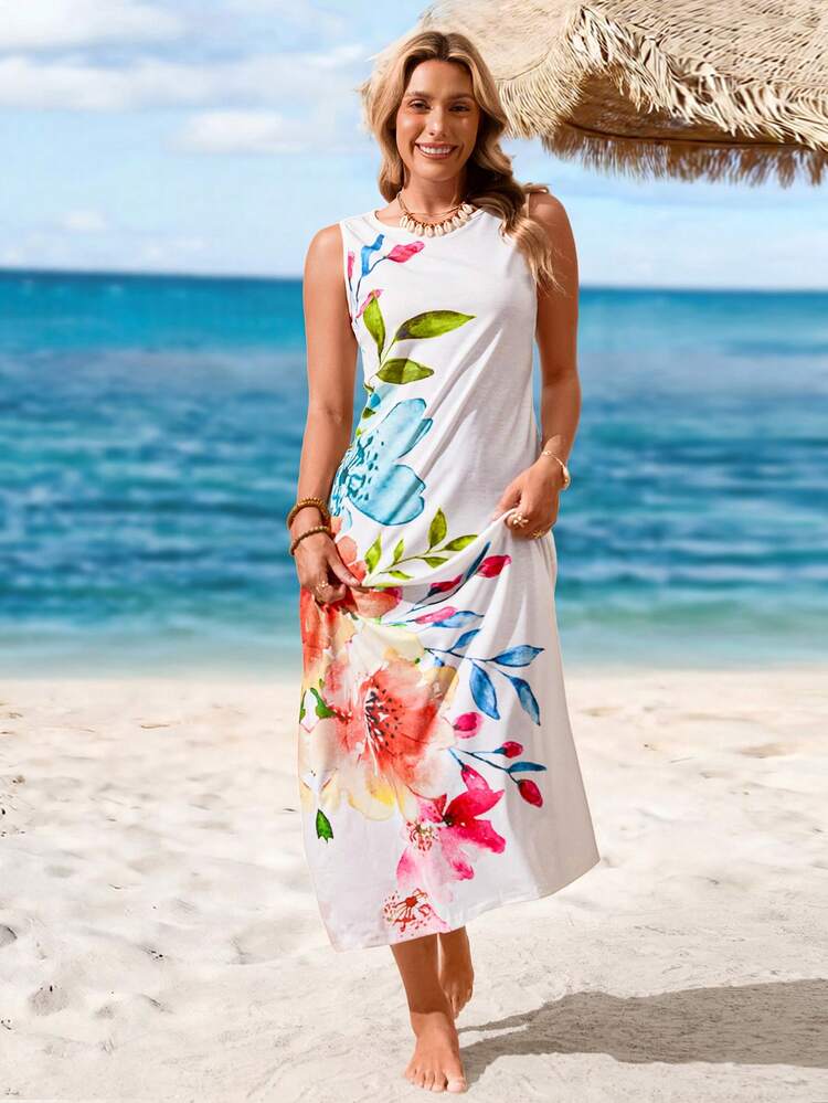 Women Floral Print Sleeveless Dress, Suitable For Summer Suitable For Going Out Chic Dress