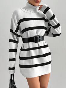 EURMUSE Striped Pattern Turtleneck Sweater With Drop Shoulder - Black and White - View 5