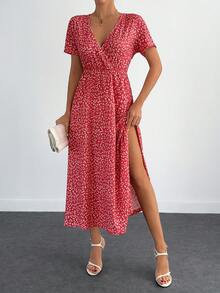 EURMUSE Women's Summer Vacation Ditsy Floral Surplice Neck High Slit Waist Tie Dress - Red - View 1