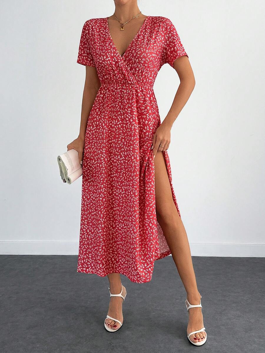 EURMUSE Women's Summer Vacation Ditsy Floral Surplice Neck High Slit Waist Tie Dress - Red - View 1
