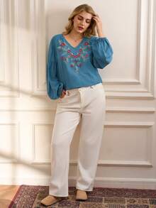 Rosumi Plus Size V-Neck Dropped Shoulder Lantern Sleeve Elegant Embroidered Blouse, Autumn/Winter,2025 New - Teal Blue - View 5