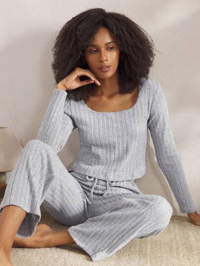 Ocili 女士纯色上衣和裤子家居服套装，休闲舒适，腋下有条纹，灰色圆领，适合秋冬季穿着。