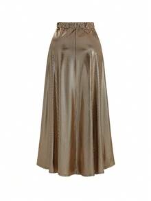 DreamSkyne 大码女式复古金属箔印花飘逸 A 字高腰半身裙，适合派对、聚会和通勤 - 金色 - 查看 4