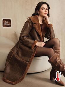 Anewsta Women's Faux Fur Collar Zip-Up Long Casual Urban Fashionable Jacket, Autumn/Winter - Brown - View 6