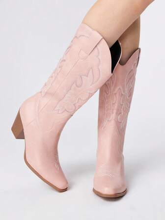 Fairycore Women's Cowgirl Boots, Pink Outdoor Casual Fashion Easy On/Off Embroidered Leather Mid-Calf Boots, Spring & Autumn