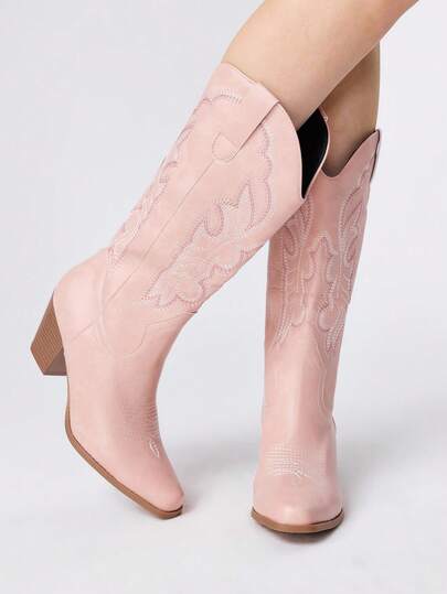 Fairycore Women's Cowgirl Boots, Pink Outdoor Casual Fashion Easy On/Off Embroidered Leather Mid-Calf Boots, Spring & Autumn