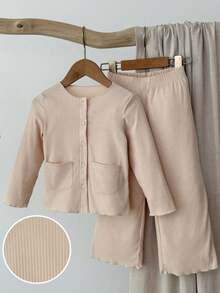 Blossori Bộ áo khoác và quần cài nút kiểu Pháp thanh lịch cho bé gái - Màu Khaki - Xem 2