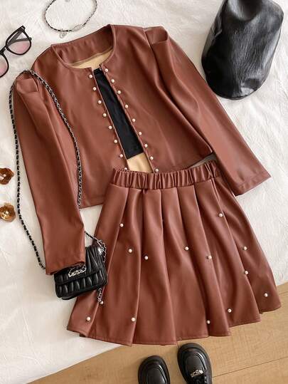 三件套Y2K朋克风套装：百褶裙、铆钉珍珠装饰夹克、时尚机车夹克（适合少女）