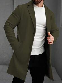 Manfinity Homme 男士纯色翻领单排扣长袖时尚大衣橄榄绿男士羊绒长款外套冬季女式绿色 - 軍綠色 - 查看 7