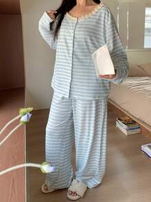 Dazy Plus 2件組條紋拼接荷葉邊休閒睡衣套裝，大尺碼女款春/秋、秋冬衣物睡衣 - 藍色 - 查看 8