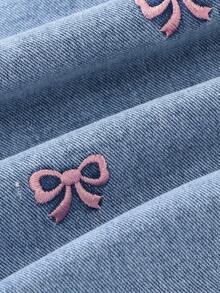 ChillGRL Young Girls Fashion Snowflake Washed Distressed Embroidered Flare Pants Jeans With Pink Bows - Light Wash - View 4