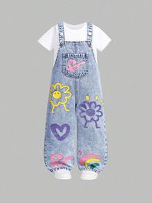 SHEIN ChillGRL 女童新款花卉、心形、彩虹涂鸦时尚休闲舒适柔软牛仔连体裤