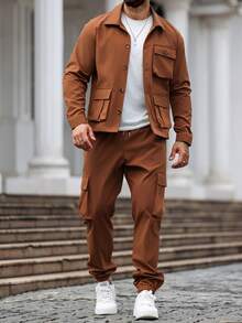Manfinity Homme Men 2pcs Minimalist Style Long Sleeve Top & Pants Set, Casual Everyday Outfit, Fall Clothes, Cozy Outfits - Brown - View 3