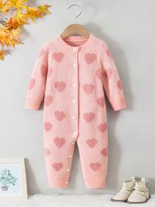 SHEIN Baby Girl Heart Pattern Long Sleeve Single-Breasted Knitted Jumpsuit, Autumn/Winter