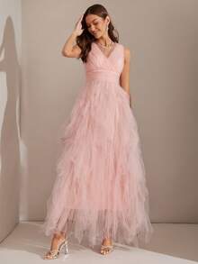 Enchnt 女士优雅雪纺 V 领高开衩无袖派对连衣裙，适合夏季晚会和派对 - 粉色 - 查看 5