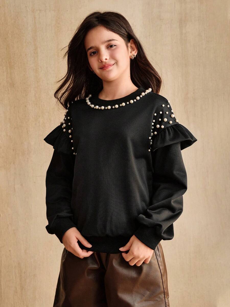 SHEIN Girls' Beaded Sweatshirt With Ruffle Trim Design, Versatile For Indoor And Outdoor Wear, Suitable For Autumn/Winter - Black - View 1