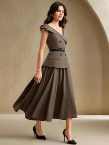 Anewsta 新款优雅露肩收腰棕色中长连衣裙，适合毕业典礼、感恩节、秋季、春季、夏季、新年、派对、婚礼、圣诞节、节日、假日、外出、休闲等场合，尽显优雅、时尚、别致、潮流。 - 咖啡棕 - 查看 1