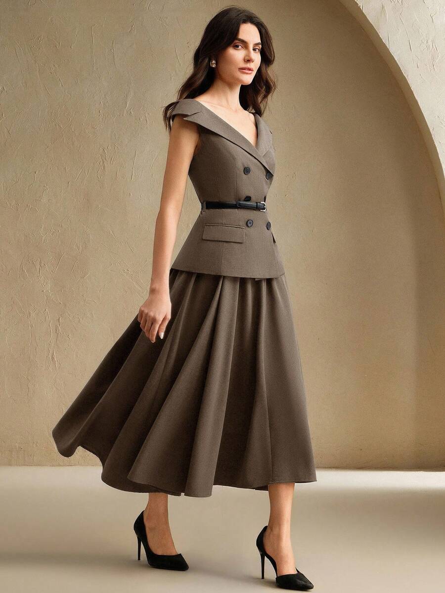 Anewsta 新款优雅露肩收腰棕色中长连衣裙，适合毕业典礼、感恩节、秋季、春季、夏季、新年、派对、婚礼、圣诞节、节日、假日、外出、休闲等场合，尽显优雅、时尚、别致、潮流。 - 咖啡棕 - 查看 1