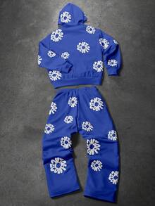 PAVTROS 男士字母印花连帽衫和运动裤套装 蓝色两件套 男士两件套 男士两件套服装 蓝色 蓝色花卉套装 - 藍色 - 查看 2