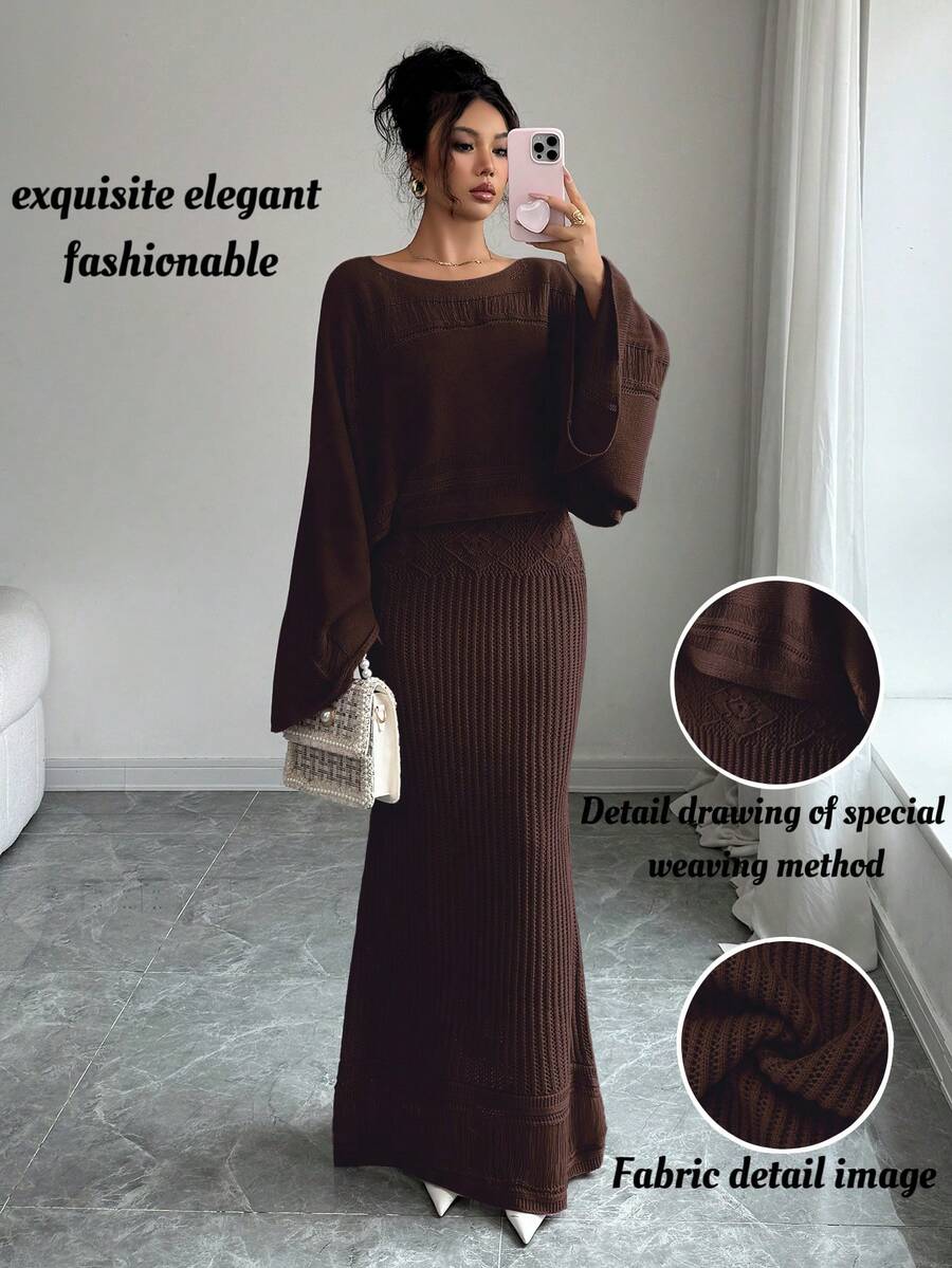 Elenzga 女士秋冬休闲针织毛衣上衣和镂空花卉图案开衫两件套，百搭优雅，适合外出、工作、上学、度假 - 咖啡棕 - 查看 1