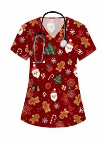 PopScrub Christmas Cartoon Print Scrub Uniform Top - Multicolor - View 1