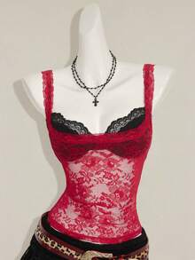SHEIN ICON Women's Red Lace Semi-Sheer Camisole, Paired With Black Lace Spaghetti Strap Top, 2 Pieces Set,Sexy Tops - Red and Black - View 4