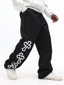SUMWON Relaxed Fit Sweatpants With Cross Logo Graphics For Casual Everyday Comfort And Style - Black - View 1