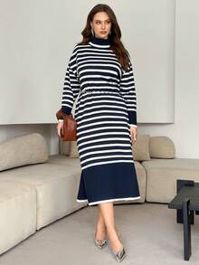 Lacomfia Plus Size Casual Colorblock Striped Knit Dress, Autumn/Winter