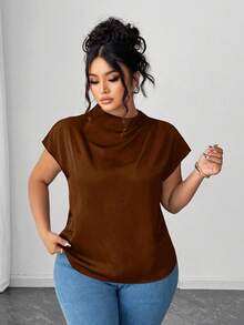 SHEIN LUNE Plus Size Women's Elegant Black Poplin Solid Color Shirt, Spring/Summer - Coffee Brown - View 3