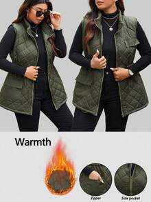 Calvaya Damen Cargo Weste mit Kordelzug Taille und Taschen in Große Größen, Steppweste, Winterkleidung Herbstkleidung, für Weihnachten - Armeegrün - Übersicht 2