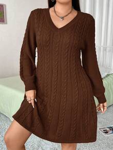 Vibekara Fashionable Lantern Sleeve V-Neck Cable Knit Sweater Dress