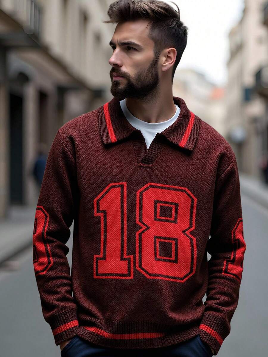 Manfinity Homme كنزة صوفية كاجوال فضفاضة بياقة على شكل حرف V مع نمط رقمي، خريف/شتاء - قهوة بني - مشاهدة 1