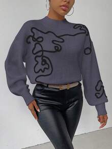 SHEIN LUNE Jersey de cuello alto de manga larga con patrón de color contrastante para mujer - Azul Marino - Ver 4