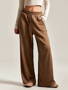 Easelle 休闲通勤豹纹拼布抽绳腰运动裤 - 棕色 - 查看 3