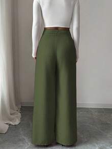 Elenzga Women's Pink Bamboo Fabric Waist Front Overlay Buckle Design Elegant Teacher Uniform Professional Casual, Thanksgiving, Halloween Essential Versatile Loose Flowy Straight Leg Pants - Army Green - View 2