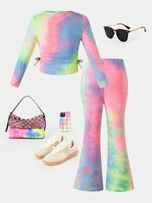 SHEIN 2件套年轻女孩扎染圆领褶皱休闲T恤和喇叭裤套装 - 彩色 - 查看 9