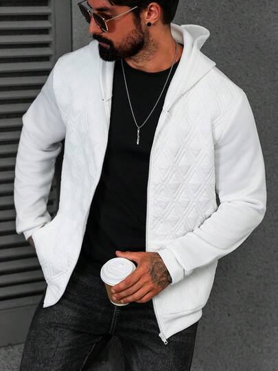 Manfinity CasualCool 男士休闲日常通勤简约百搭纯色菱形纹理面料拉链连帽抓绒卫衣，秋季白色长袖上衣