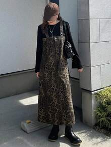 FRIFUL 女士时尚豹纹无袖方领休闲宽松长款牛仔连衣裙 - 棕色 - 查看 3