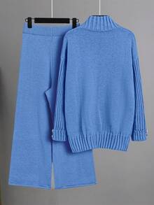 Franclia Bộ 2 món/Bộ đồ nữ áo len dài tay cổ tròn màu trơn và quần thường ngày Bộ đồ len Bộ đồ len Bộ đồ len Bộ đồ len hai mảnh Bộ đồ len Quần len - Màu xanh lam - Xem 2