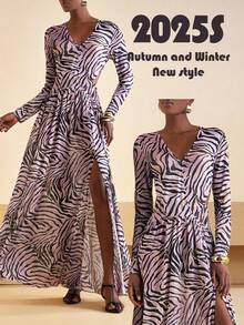 Zivah In Early Autumn And Winter 2025, New Styles For Birthday Parties, Graduation Season, Daily Outings, Basic, Versatile, Casual Vacation, Cruise Travel, Internet Celebrities, Popular, Casual, Elegant, Commuting, Casual, Street Parties, Sexy Deep V-Neck, Long Sleeves, Waist Cutouts, High Side Slits Reaching The Thighs, Pink, Black Zebra Print, Leopard Print, Net Print, Super Long Dress, A Swing Dress, Evening Dress, Women's Super Long Dress -A